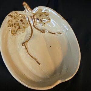 M1* Pumpkin trinket tray Ceramic Dish Brown & Tan 6.5" X 5.5"